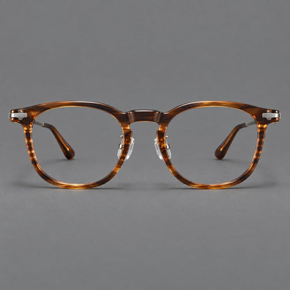 Retro acetate and titanium eyeglasses with soft square rims and sculpted metal corners in Brown Woodgrain / Gray, front view side view