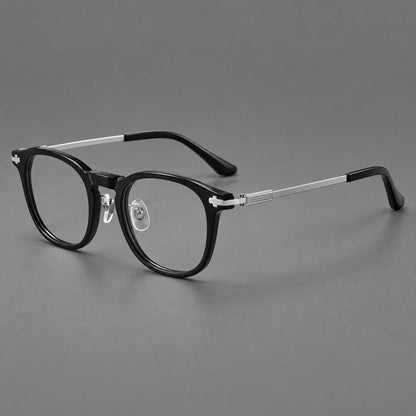 Retro acetate and titanium eyeglasses with soft square rims and sculpted metal corners in Black / Silver, three quarter view front view