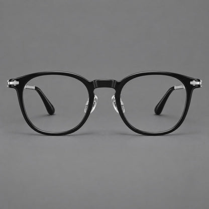 Retro acetate and titanium eyeglasses with soft square rims and sculpted metal corners in Black / Silver, front view frame detail