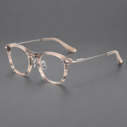 Retro acetate and titanium eyeglasses with soft square rims and sculpted metal corners in Gray Woodgrain / Silver, three quarter view lens detail