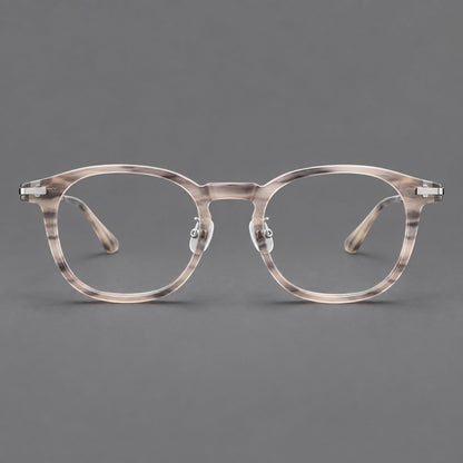 Retro acetate and titanium eyeglasses with soft square rims and sculpted metal corners in Gray Woodgrain / Silver, front view temple detail