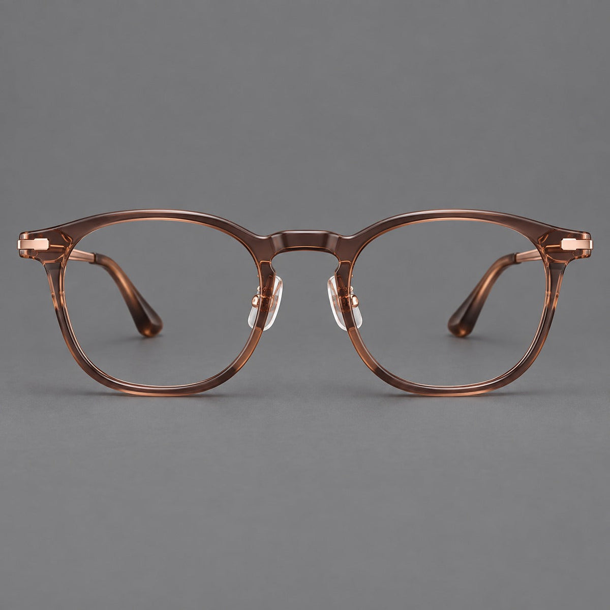 Retro acetate and titanium eyeglasses with soft square rims and sculpted metal corners in Dark Tea / Rose Gold, front view