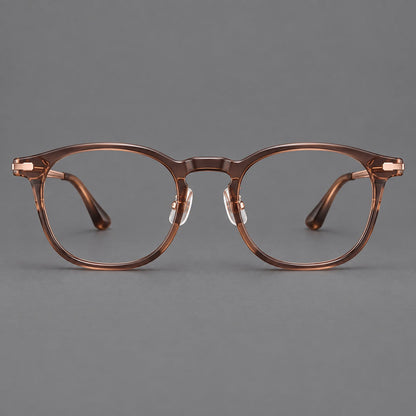 Retro acetate and titanium eyeglasses with soft square rims and sculpted metal corners in Dark Tea / Rose Gold, front view additional product view
