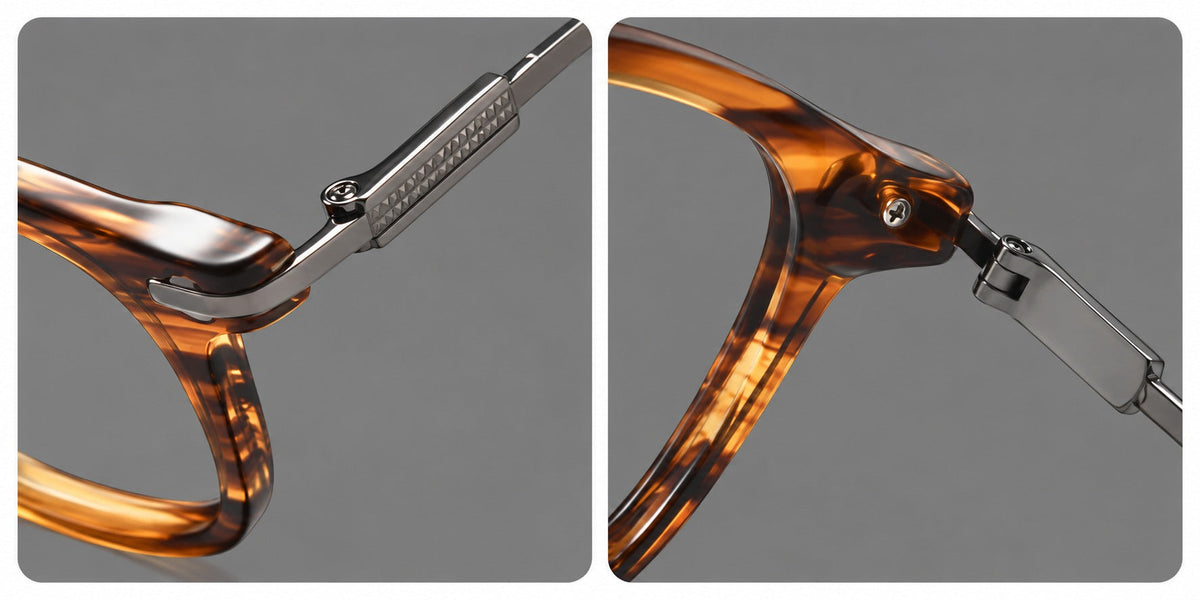 Retro acetate and titanium eyeglasses with soft square rims and sculpted metal corners, frame details