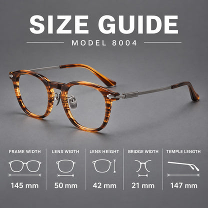 Retro acetate and titanium eyeglasses with soft square rims and sculpted metal corners, size guide in millimetres additional product view