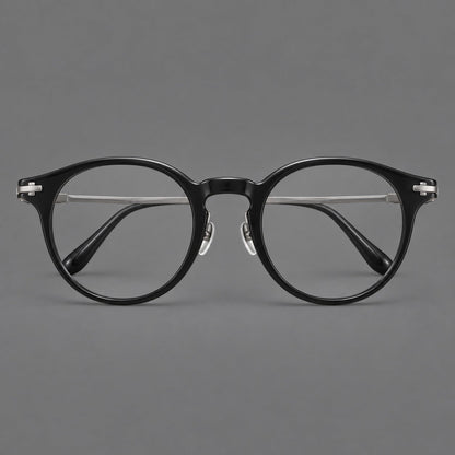 Retro acetate and titanium eyeglasses with round rims and a pronounced keyhole bridge in Black / Gray, front view frame detail