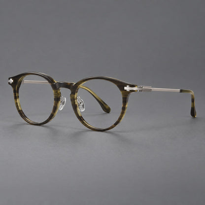 Retro acetate and titanium eyeglasses with round rims and a pronounced keyhole bridge in Olive Woodgrain / Silver, three quarter view lens detail