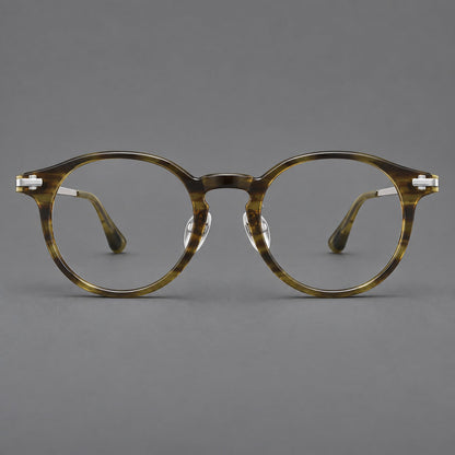 Retro acetate and titanium eyeglasses with round rims and a pronounced keyhole bridge in Olive Woodgrain / Silver, front view temple detail