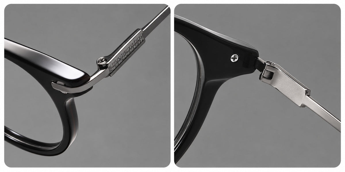 Retro acetate and titanium eyeglasses with round rims and a pronounced keyhole bridge, frame details