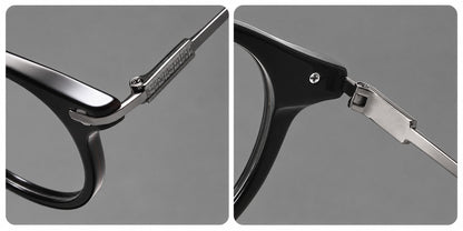 Retro acetate and titanium eyeglasses with round rims and a pronounced keyhole bridge, frame details additional product view