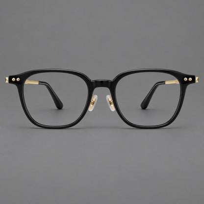 Vintage acetate and titanium eyeglasses with rounded square rims and slotted metal temples in Black / Gold, front view side view