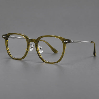 Vintage acetate and titanium eyeglasses with rounded square rims and slotted metal temples in Clear Olive Green / Silver, three quarter view lens detail