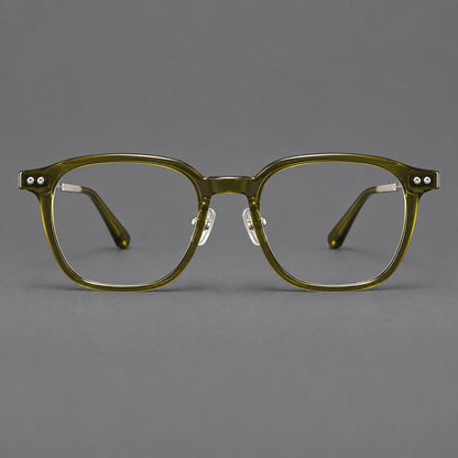 Vintage acetate and titanium eyeglasses with rounded square rims and slotted metal temples in Clear Olive Green / Silver, front view temple detail