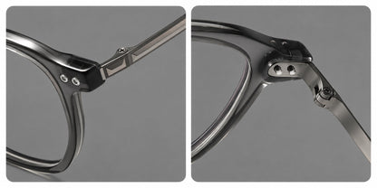 Vintage acetate and titanium eyeglasses with rounded square rims and slotted metal temples, frame details additional product view
