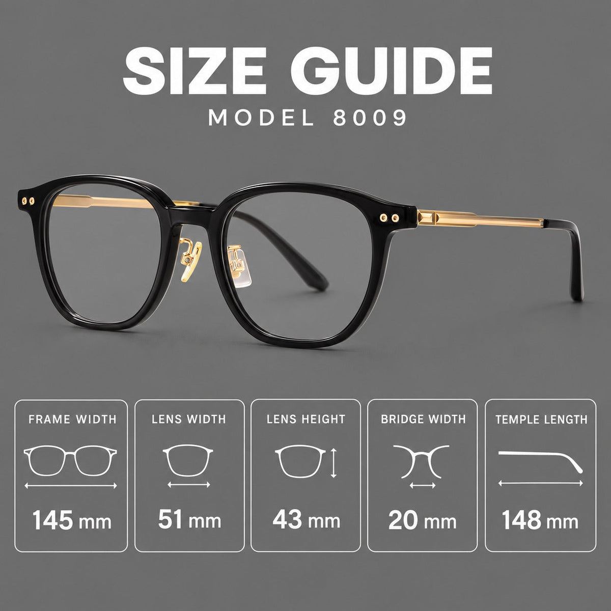 Vintage acetate and titanium eyeglasses with rounded square rims and slotted metal temples, size guide in millimetres