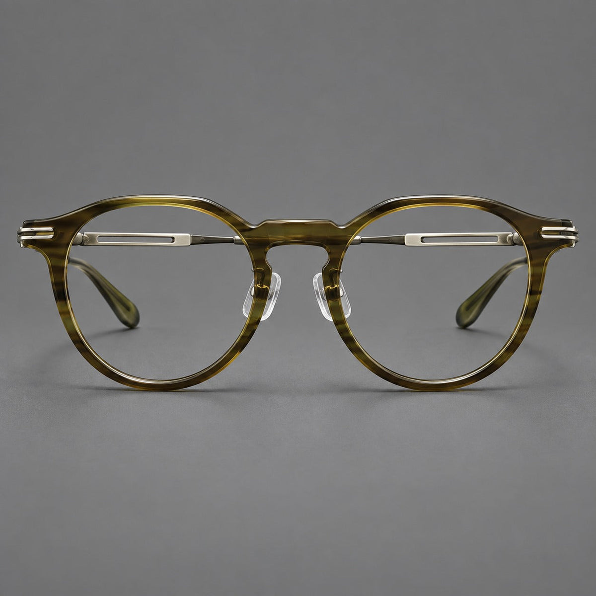Retro acetate and titanium eyeglasses with round rims and distinctive looped metal joints in Striped Olive Green / Silver, front view