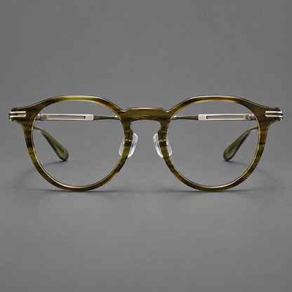 Retro acetate and titanium eyeglasses with round rims and distinctive looped metal joints in Striped Olive Green / Silver, front view side view