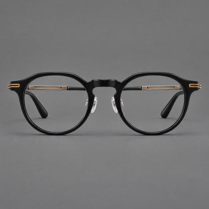 Retro acetate and titanium eyeglasses with round rims and distinctive looped metal joints in Black / Antique Bronze, front view frame detail