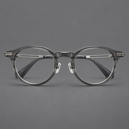 Retro acetate and titanium eyeglasses with round rims and distinctive looped metal joints in Clear Gray / Brushed Gray, front view temple detail