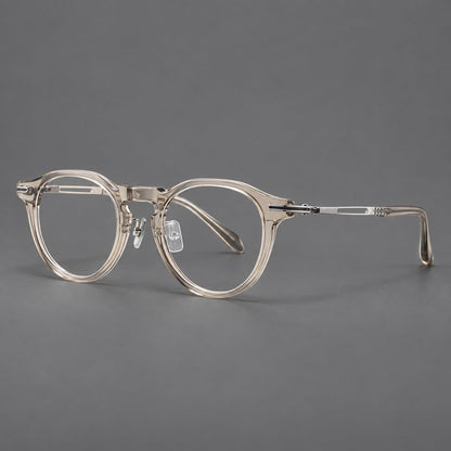Retro acetate and titanium eyeglasses with round rims and distinctive looped metal joints in Clear Cool Tea / Silver, three quarter view additional product view
