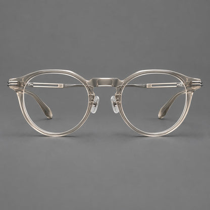Retro acetate and titanium eyeglasses with round rims and distinctive looped metal joints in Clear Cool Tea / Silver, front view additional product view
