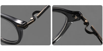 Retro acetate and titanium eyeglasses with round rims and distinctive looped metal joints, frame details additional product view