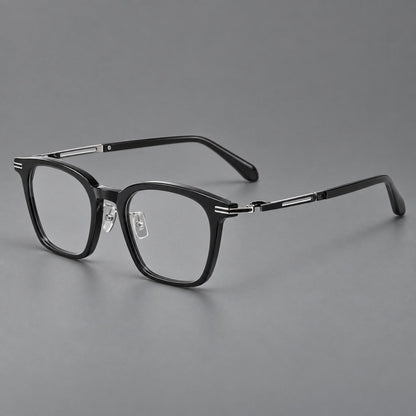 Acetate and titanium eyeglasses with rounded rectangular rims and sculpted open loop joints in Black / Silver, three quarter view front view