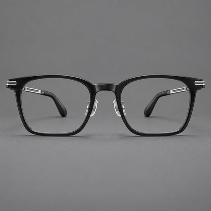 Acetate and titanium eyeglasses with rounded rectangular rims and sculpted open loop joints in Black / Silver, front view frame detail