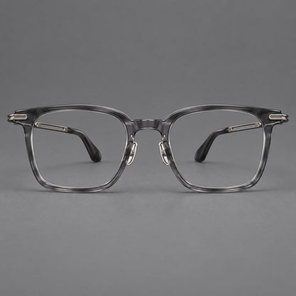 Acetate and titanium eyeglasses with rounded rectangular rims and sculpted open loop joints in Clear Gray / Brushed Gray, front view temple detail