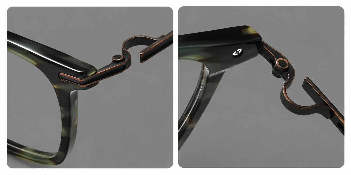 Acetate and titanium eyeglasses with rounded rectangular rims and sculpted open loop joints, frame details