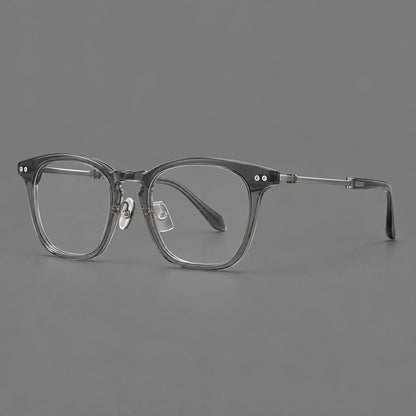 Retro acetate and titanium eyeglasses with gently squared rims and circular metal hinges in Clear Gray / Brushed Gray, three quarter view lens detail