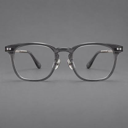 Retro acetate and titanium eyeglasses with gently squared rims and circular metal hinges in Clear Gray / Brushed Gray, front view temple detail
