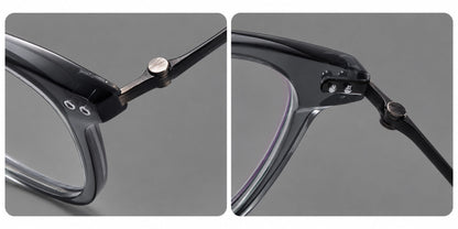 Retro acetate and titanium eyeglasses with gently squared rims and circular metal hinges, frame details additional product view