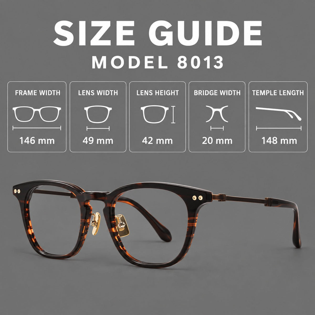 Retro acetate and titanium eyeglasses with gently squared rims and circular metal hinges, size guide in millimetres
