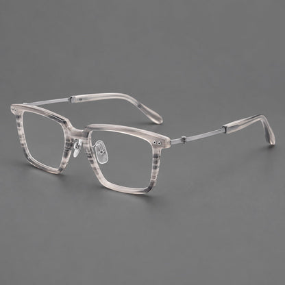 Classic acetate and titanium eyeglasses with a straight brow and rounded rectangular rims in Striped Gray / Silver, three quarter view