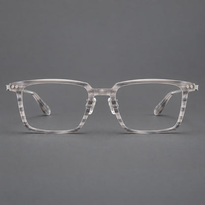 Classic acetate and titanium eyeglasses with a straight brow and rounded rectangular rims in Striped Gray / Silver, front view side view