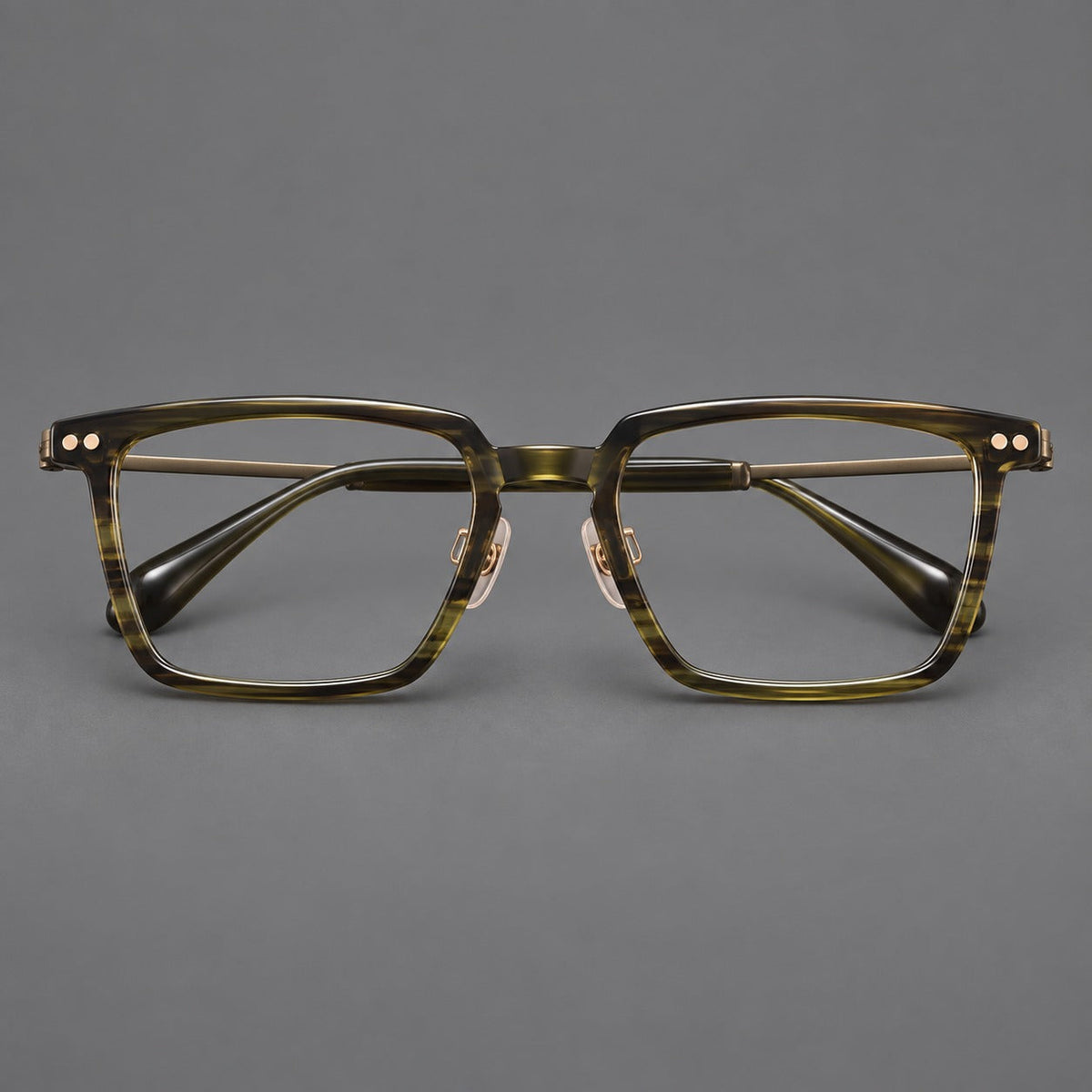 Classic acetate and titanium eyeglasses with a straight brow and rounded rectangular rims in Striped Olive Green / Bronze, front view