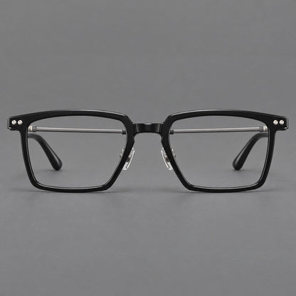 Classic acetate and titanium eyeglasses with a straight brow and rounded rectangular rims in Black / Brushed Gray, front view temple detail
