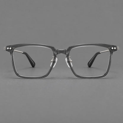 Classic acetate and titanium eyeglasses with a straight brow and rounded rectangular rims in Clear Gray / Silver, front view additional product view