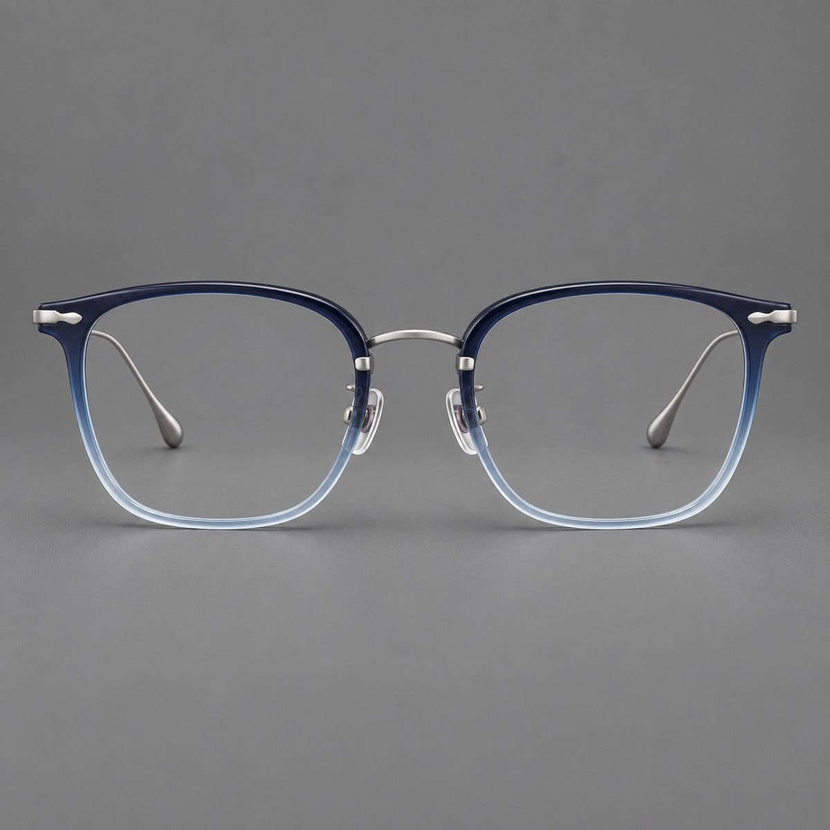 Retro square eyeglasses in acetate and titanium with rounded edges and sculpted corner accents in Blue Gradient / Silver, front view