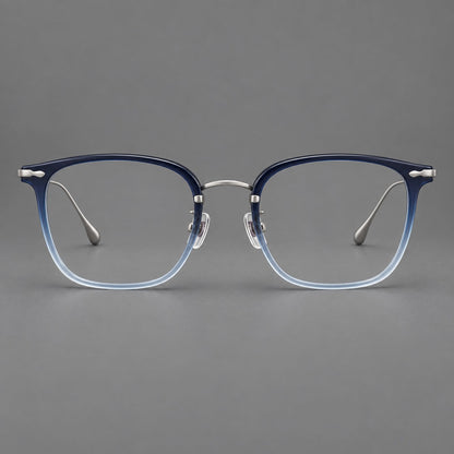 Retro square eyeglasses in acetate and titanium with rounded edges and sculpted corner accents in Blue Gradient / Silver, front view frame detail