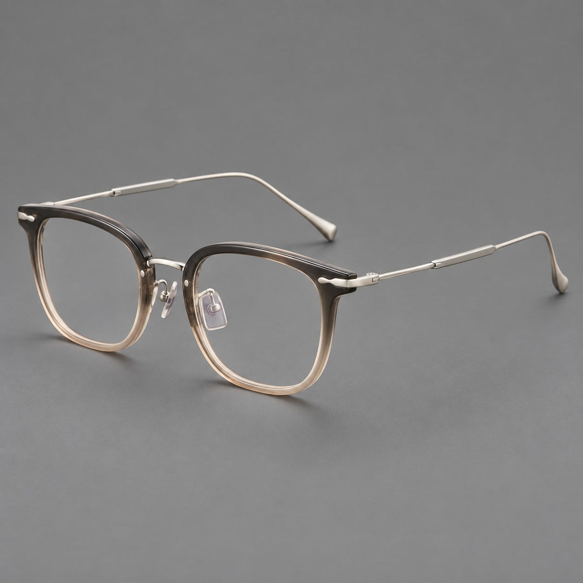 Retro square eyeglasses in acetate and titanium with rounded edges and sculpted corner accents in Mist Tea Gradient / Silver, three quarter view