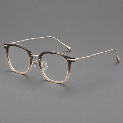 Retro square eyeglasses in acetate and titanium with rounded edges and sculpted corner accents in Mist Tea Gradient / Silver, three quarter view lens detail
