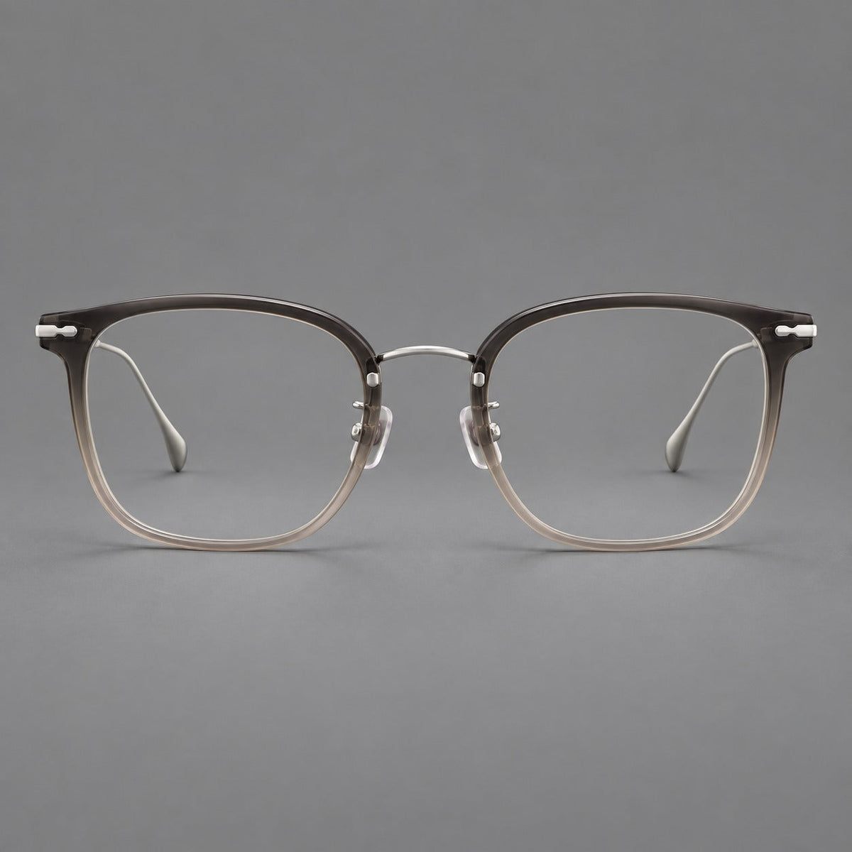 Retro square eyeglasses in acetate and titanium with rounded edges and sculpted corner accents in Mist Tea Gradient / Silver, front view
