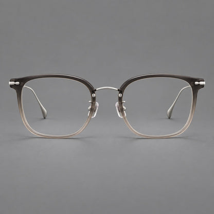 Retro square eyeglasses in acetate and titanium with rounded edges and sculpted corner accents in Mist Tea Gradient / Silver, front view temple detail