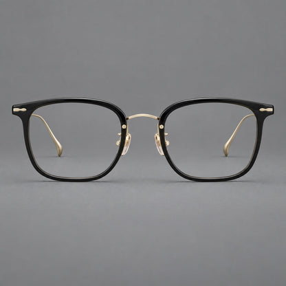 Retro square eyeglasses in acetate and titanium with rounded edges and sculpted corner accents in Glossy Black / Gold, front view additional product view