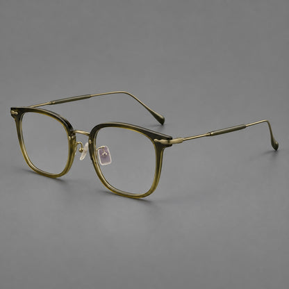 Retro square eyeglasses in acetate and titanium with rounded edges and sculpted corner accents in Green / Antique Bronze, three quarter view additional product view