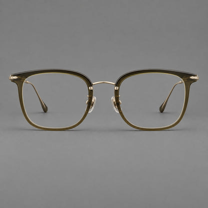 Retro square eyeglasses in acetate and titanium with rounded edges and sculpted corner accents in Green / Antique Bronze, front view additional product view