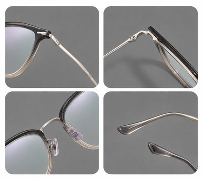 Retro square eyeglasses in acetate and titanium with rounded edges and sculpted corner accents, frame details additional product view