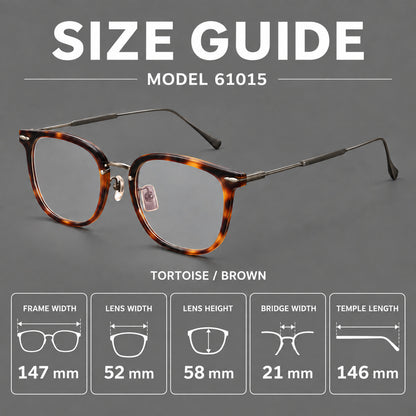 Retro square eyeglasses in acetate and titanium with rounded edges and sculpted corner accents, size guide in millimetres additional product view